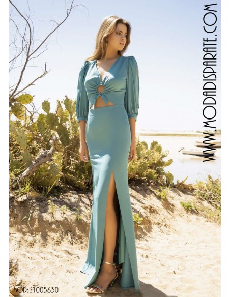 VESTIDO"URUQUI" FISTA LISO ESCOTE PICO MANGA CODO