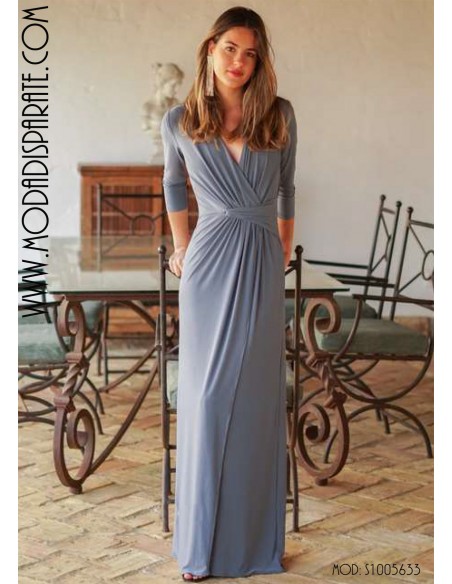 VESTIDO"NANTONG"LARGO LISO CON MANGA ESCOTE PICO RECOGIDO EN