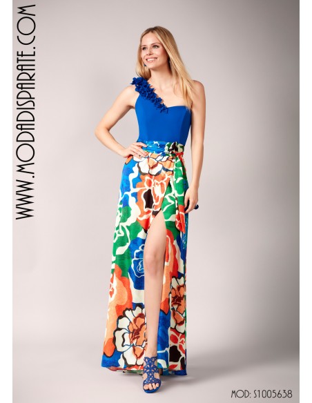 VESTIDO"AKRON" FLARGO FALDA ESTAMPADA CERPÒ ASIMETRICO LISO