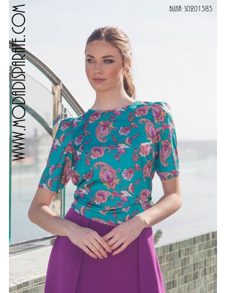 BLUSA"LILLE" SATEN ESTAMPADO MANGA CORTA ESCOTE REDONDO