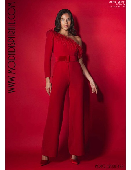 MONO"ALTAIR"ASIMETRICO UNA MANGA CON PLUMAS EN ESCOTE