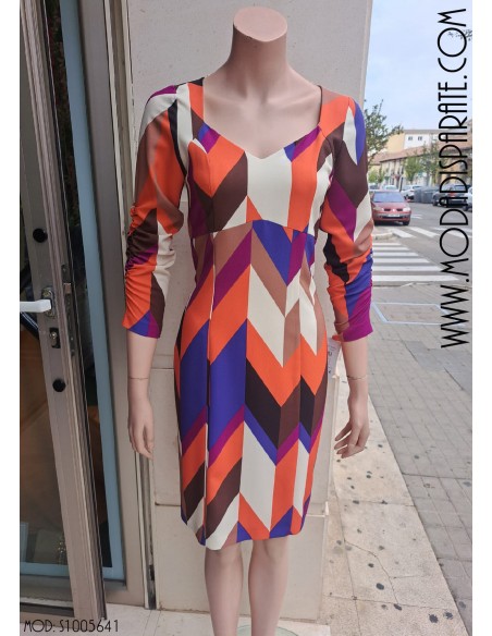 VESTIDO"HONOLULU"ESTAMPADO CORTO ESCOTE PICO MANGA RIZADA