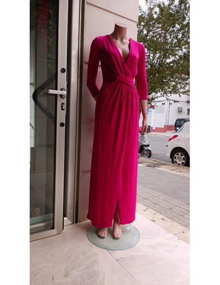 VESTIDO"NANTONG"LARGO LISO CON MANGA ESCOTE PICO RECOGIDO EN