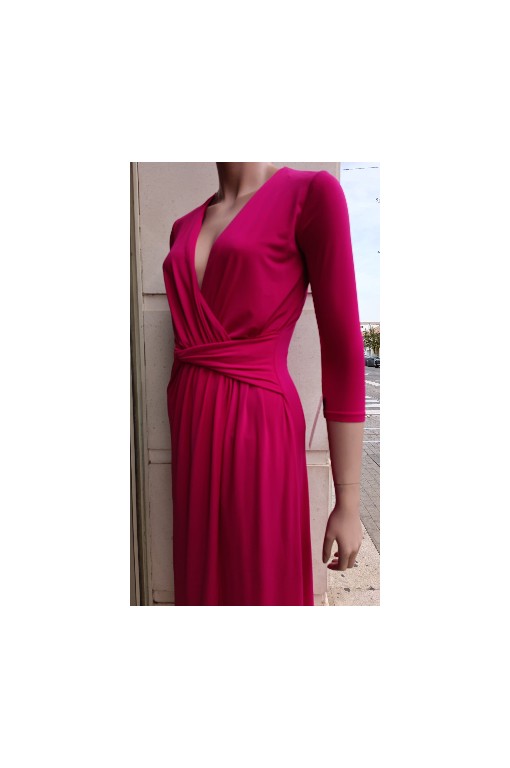 VESTIDO"NANTONG"LARGO LISO CON MANGA ESCOTE PICO RECOGIDO EN 2
