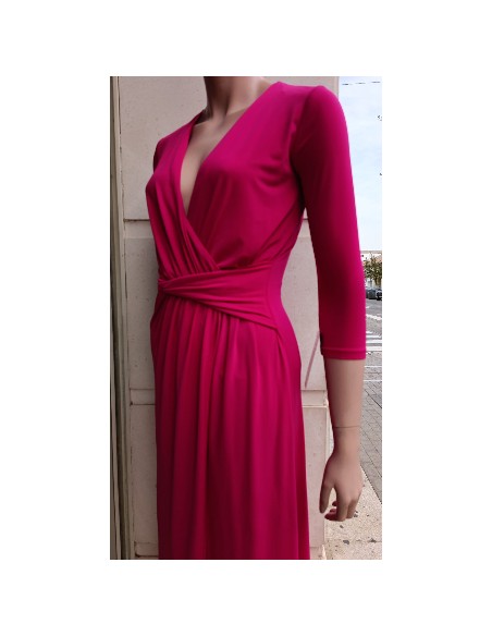 VESTIDO"NANTONG"LARGO LISO CON MANGA ESCOTE PICO RECOGIDO EN