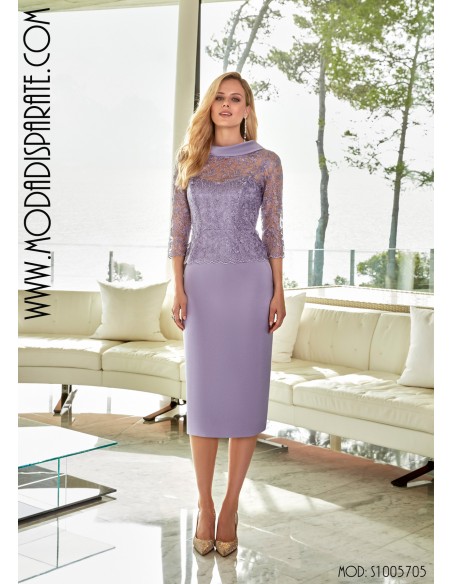 VESTIDO"ALBIR" CORTO MADRINA LISO  CUERPO BLONDA CUELLO BIES