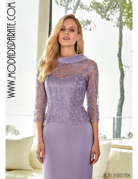 VESTIDO"ARANJUEZ" LARGO MADRINA LISO CUEPO BLONDA CUELLO BIE