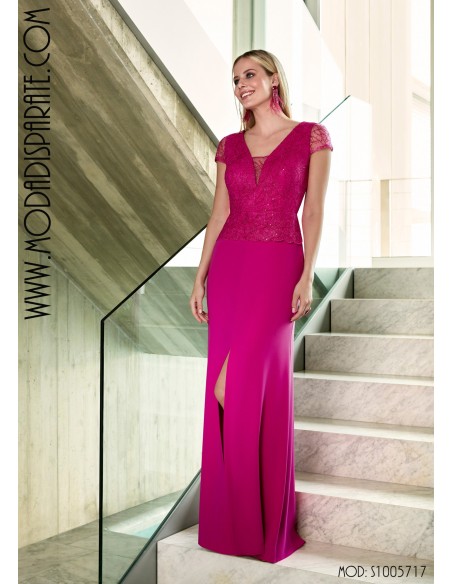 VESTIDO"BAENA"MADRINA LARGO CUERPO BLONDA FALDA LISA M/C ABE