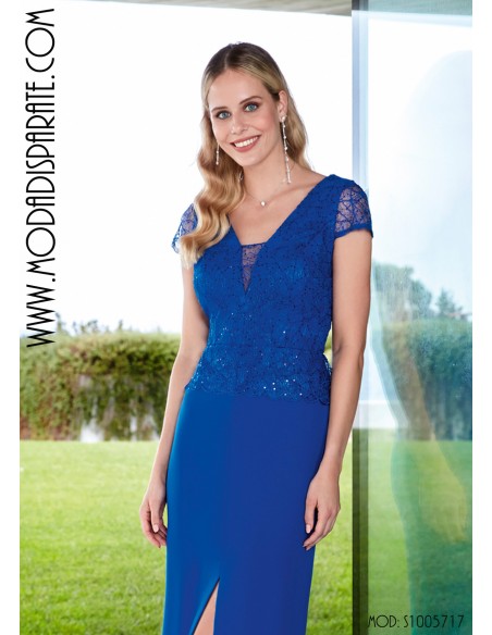 VESTIDO"BAENA"MADRINA LARGO CUERPO BLONDA FALDA LISA M/C ABE