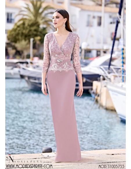 VESTIDO"BRIVIESCA"MADRINA LARGO CUERPO BLONDA ESCOTE CRUZADO