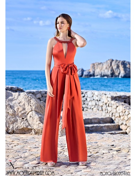 MONO"ESQUIVIAS" LARGO FIESTA SATEN ESCOTE TUL COLLAR PEDRERI