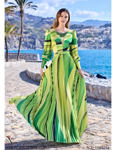 VESTIDO"CUGAT" LARGO FIESTA EVASE FALDA PLISADA ESCOTE TUL M