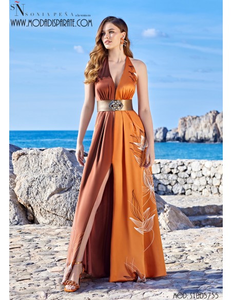 VESTIDO"CANDELARIA"LARGO FIESTA ESTAMPADO BICOLOR AL CUELLO