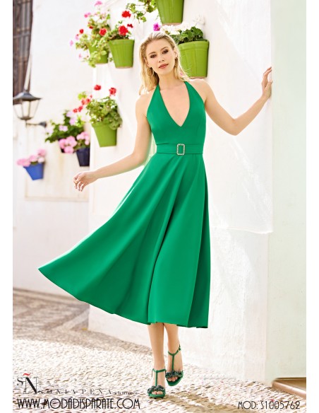 VESTIDO"DORADA"MIDI FIESTA AL CUELLO EVASE FALDA CINTURÓN HE