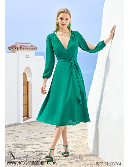 VESTIDO"EACATRÓN"FIESTA MIDI ENVOLVENTE GASA MANGA LARGA ABI