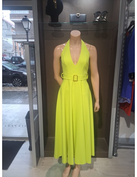 VESTIDO"DORADA"MIDI FIESTA AL CUELLO EVASE FALDA CINTURÓN HE