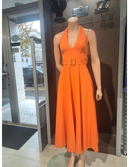 VESTIDO"DORADA"MIDI FIESTA AL CUELLO EVASE FALDA CINTURÓN HE