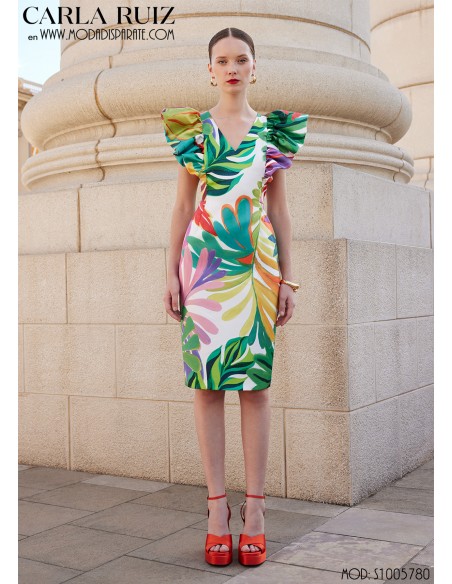 VESTIDO"JAEN"CORTO RECTO  ESTAMPADOVOLANTES MANGAS