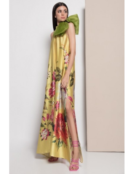 VESTIDO"NERJA" LARGO ESTAMPADO S7 MANGAS BROCHE LAZO