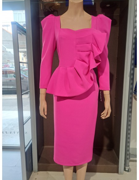 VESTIDO"AZUCENA" MIDI LISO M/FRANCESA VOLANTE ABANICO