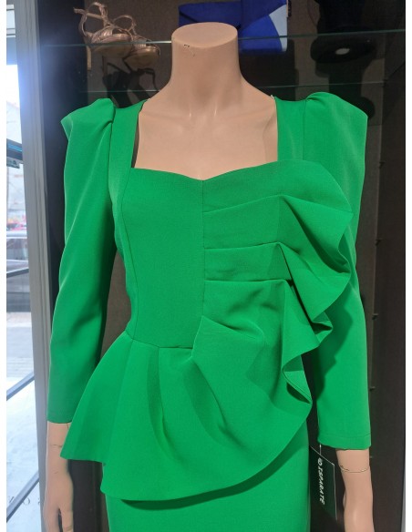 VESTIDO"AZUCENA" MIDI LISO M/FRANCESA VOLANTE ABANICO