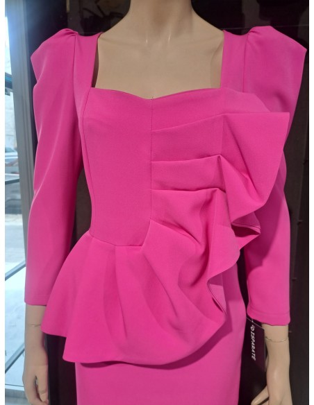 VESTIDO"AZUCENA" MIDI LISO M/FRANCESA VOLANTE ABANICO