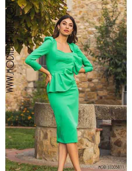 VESTIDO"AZUCENA" MIDI LISO M/FRANCESA VOLANTE ABANICO