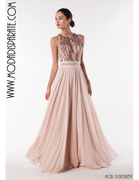 VESTIDO"DALAS"LARGO ESCOTE HALTER C/LENTEJUELAS FALDA GASA