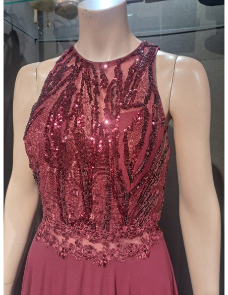 VESTIDO"DALAS"LARGO ESCOTE HALTER C/LENTEJUELAS FALDA GASA