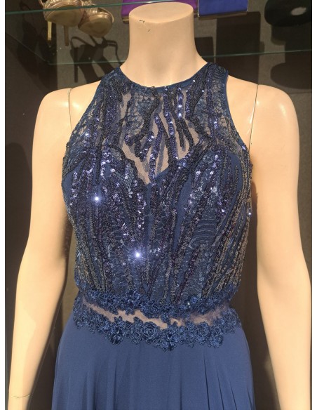 VESTIDO"DALAS"LARGO ESCOTE HALTER C/LENTEJUELAS FALDA GASA