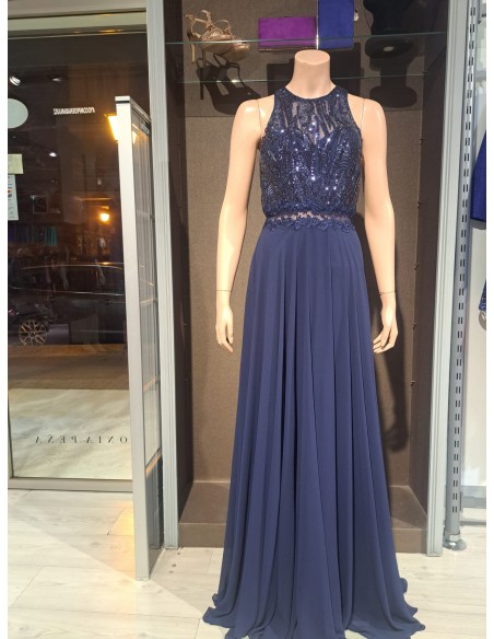 VESTIDO"DALAS"LARGO ESCOTE HALTER C/LENTEJUELAS FALDA GASA