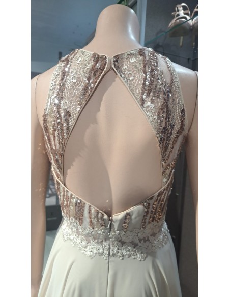 VESTIDO"DALAS"LARGO ESCOTE HALTER C/LENTEJUELAS FALDA GASA