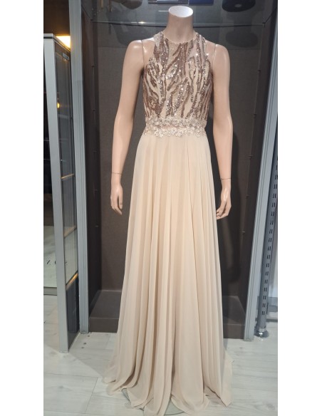 VESTIDO"DALAS"LARGO ESCOTE HALTER C/LENTEJUELAS FALDA GASA