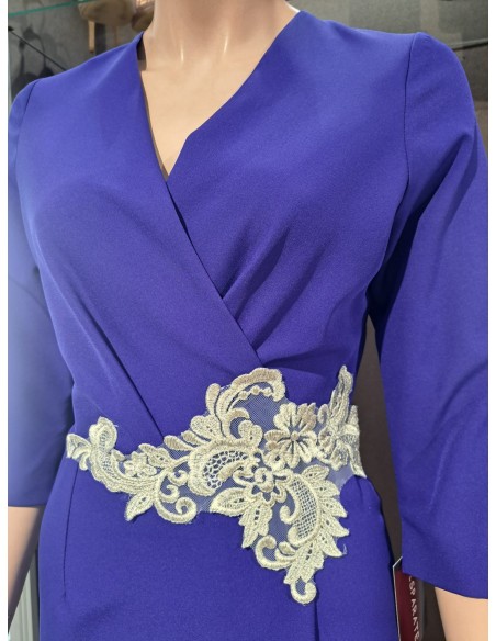VESTIDO"CARMEN"MIDI LISO MANGA FRANCESA CRUZADO Y APLIQUE CI