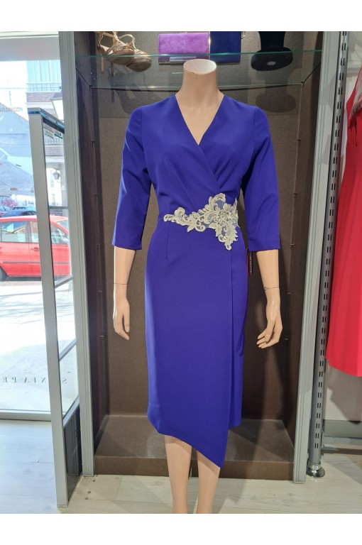 VESTIDO"CARMEN"MIDI LISO MANGA FRANCESA CRUZADO Y APLIQUE CI 2