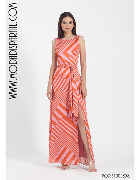 VESTIDO"FRANCISCA" LARGO SATENESTAMPADO GEOMETRICO S/ MANGAS