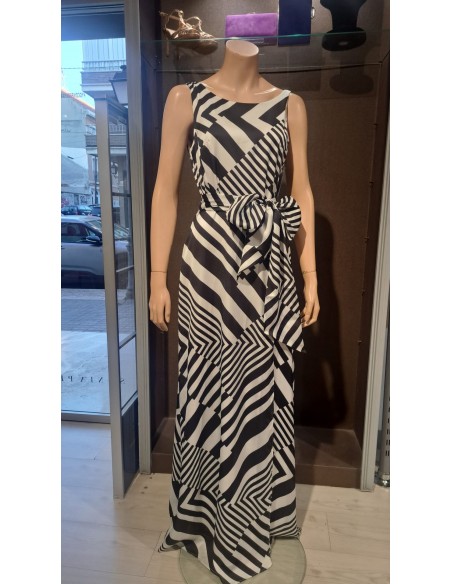 VESTIDO"FRANCISCA" LARGO SATENESTAMPADO GEOMETRICO S/ MANGAS