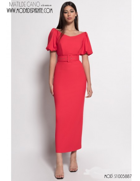 VESTIDO"IRENE"MIDI LISO RECTO MANGA FAROL Y CINTURÓN