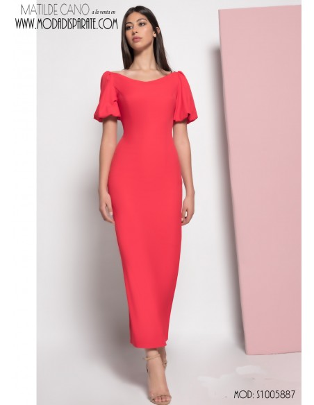 VESTIDO"IRENE"MIDI LISO RECTO MANGA FAROL Y CINTURÓN