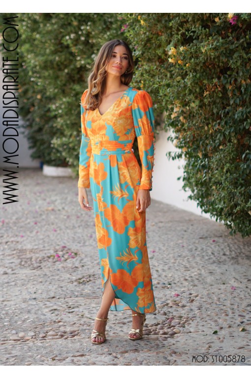 VESTIDO"ALBA"MIDI ESTAMPADO ASIMETRICO FAJINDRAPEADO PUÑO BO