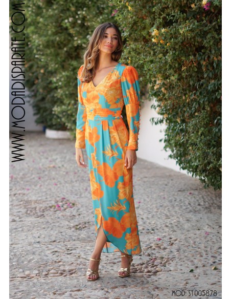 VESTIDO"ALBA"MIDI ESTAMPADO ASIMETRICO FAJINDRAPEADO PUÑO BO