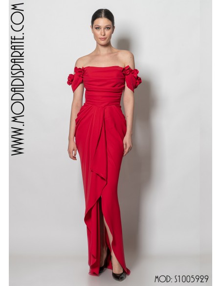 VESTIDO"INES" LARGO FIESTA LISO PALABRA DE HONOR Y DRAPEADO