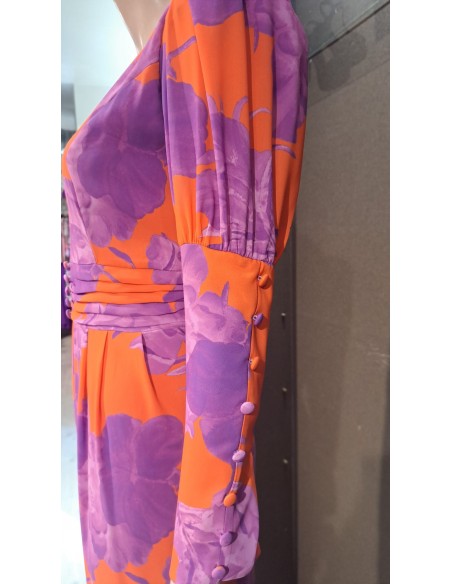 VESTIDO"ALBA"MIDI ESTAMPADO ASIMETRICO FAJINDRAPEADO PUÑO BO