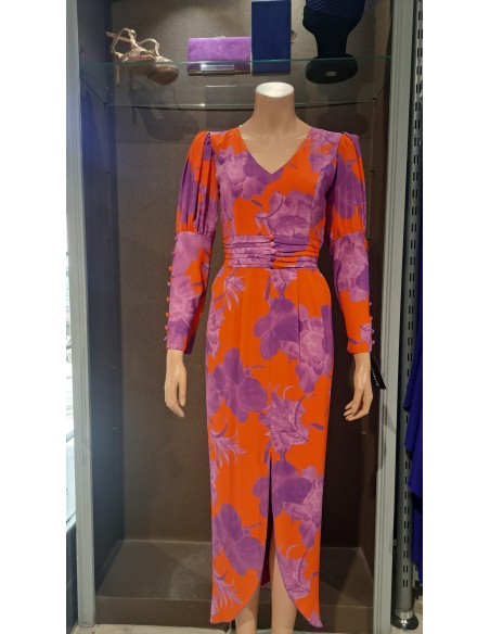 VESTIDO"ALBA"MIDI ESTAMPADO ASIMETRICO FAJINDRAPEADO PUÑO BO