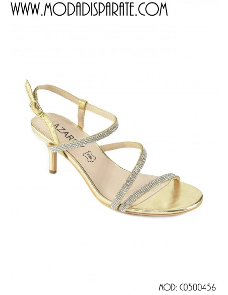 SANDALIA 7,5CM TACON  TIRAS STRASS PLANTA PIEL