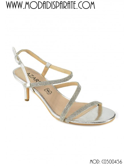 SANDALIA 7,5CM TACON  TIRAS STRASS PLANTA PIEL