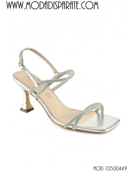 SANDALIA"7,5CM TACON TIRAS CRUZADAS STRASS PLANTA PIEL