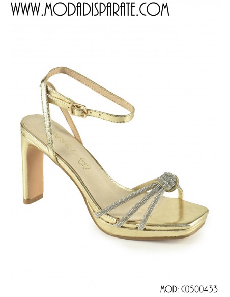 SANDALIA"9 CM TACON" PLATAFORMA PALA NUDO STRASS PLANTA PIEL