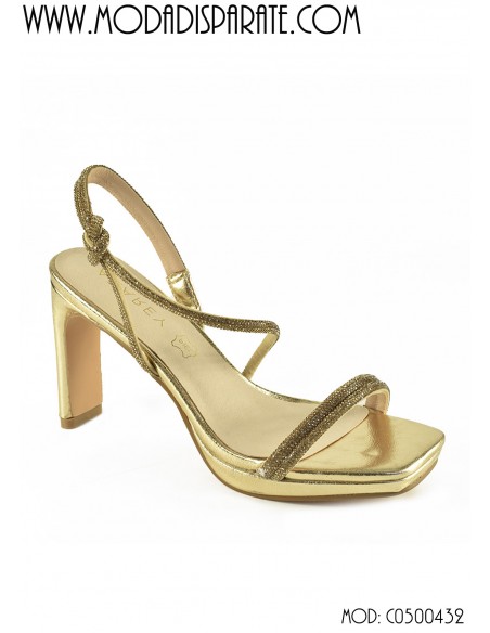 SANDALIA"9 CMTACON " PLATAFORMA TIRAS ESTRASS PLANTA PIEL