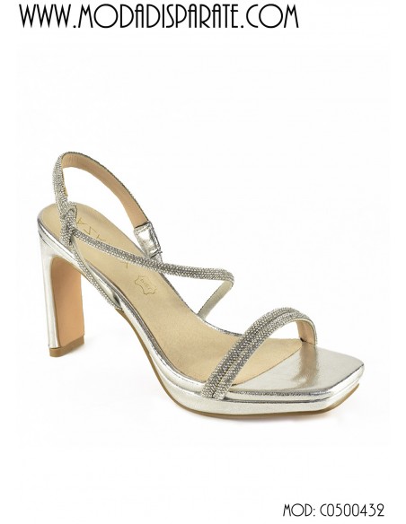 SANDALIA"9 CMTACON " PLATAFORMA TIRAS ESTRASS PLANTA PIEL